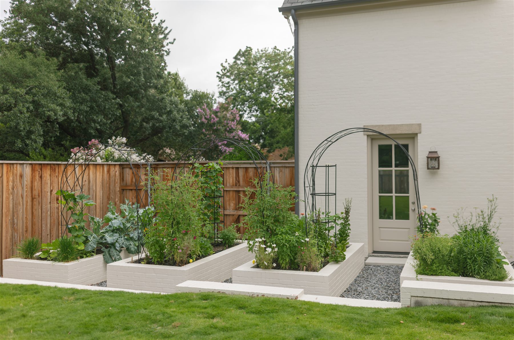 White raised bed kitchen garden with trellises